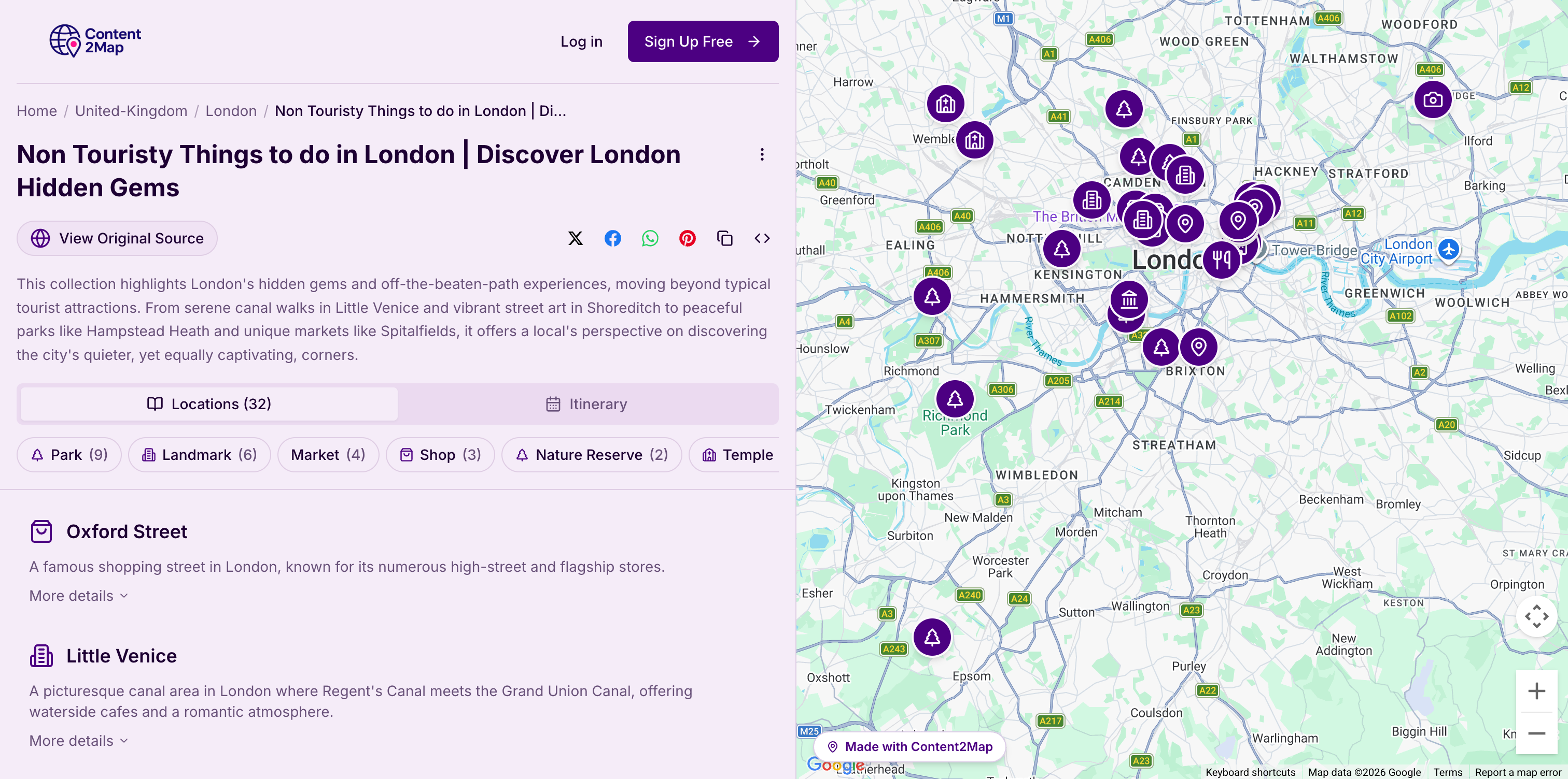 Content2Map — interactive travel map generated from a blog post URL